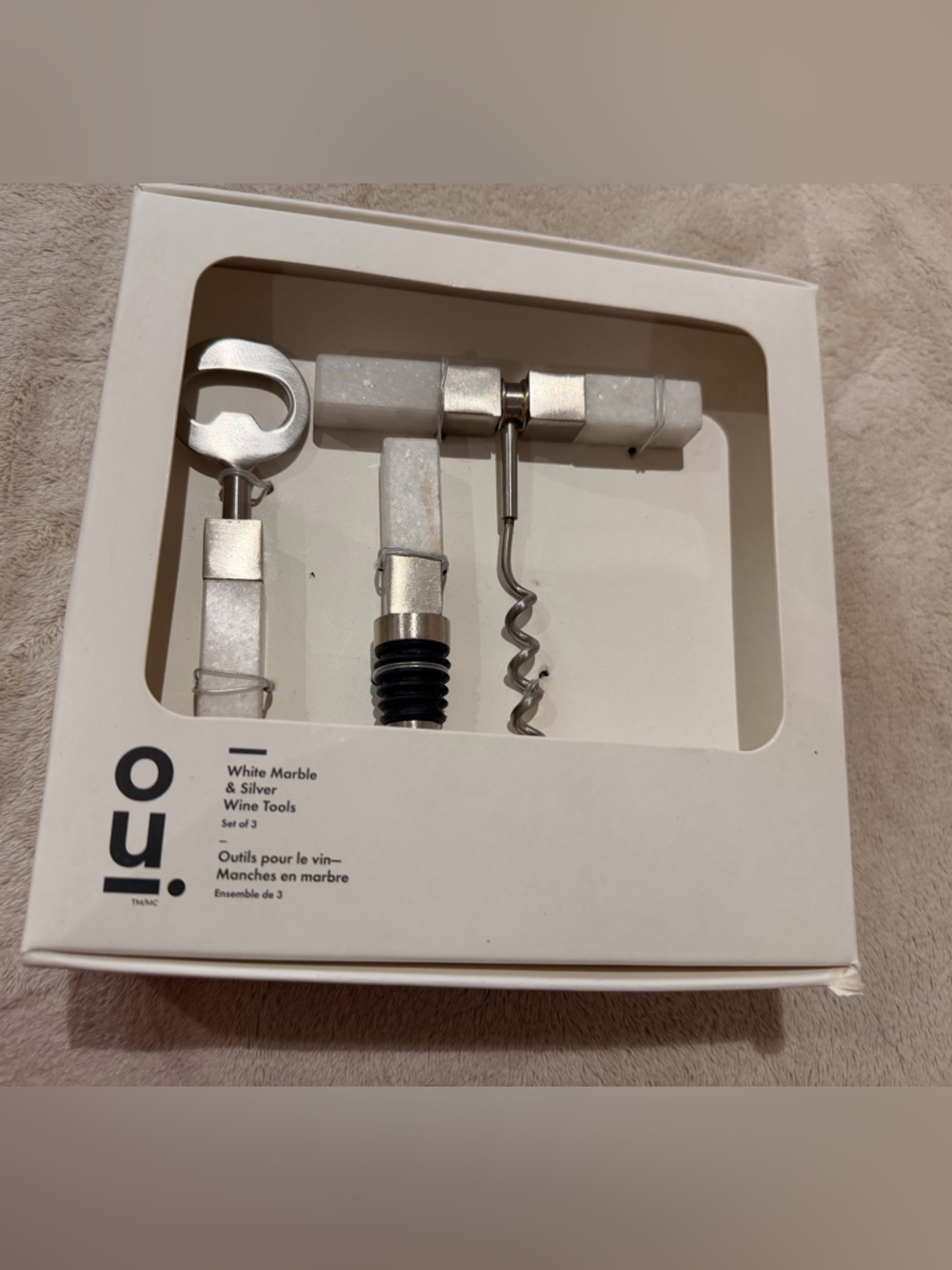 OU. White Marble & Silver Wine Tool Set - 3 Piece